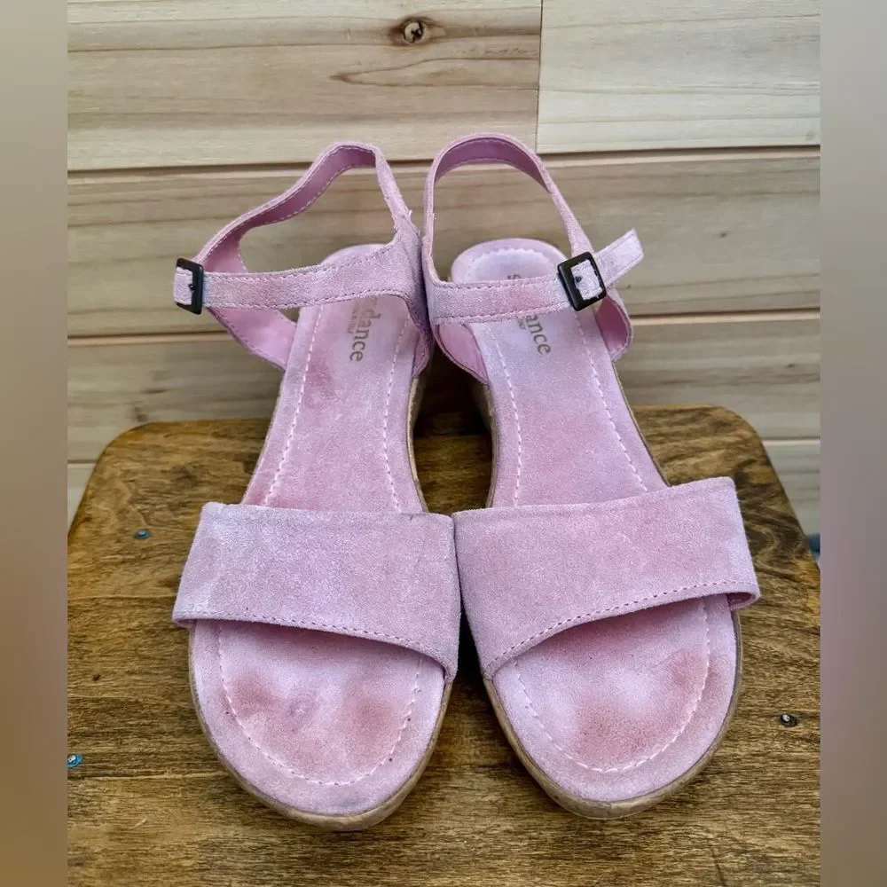 Sundance Size 40 (9) Pink Leather Suede Cork Wedge Platform Sandal Shoes